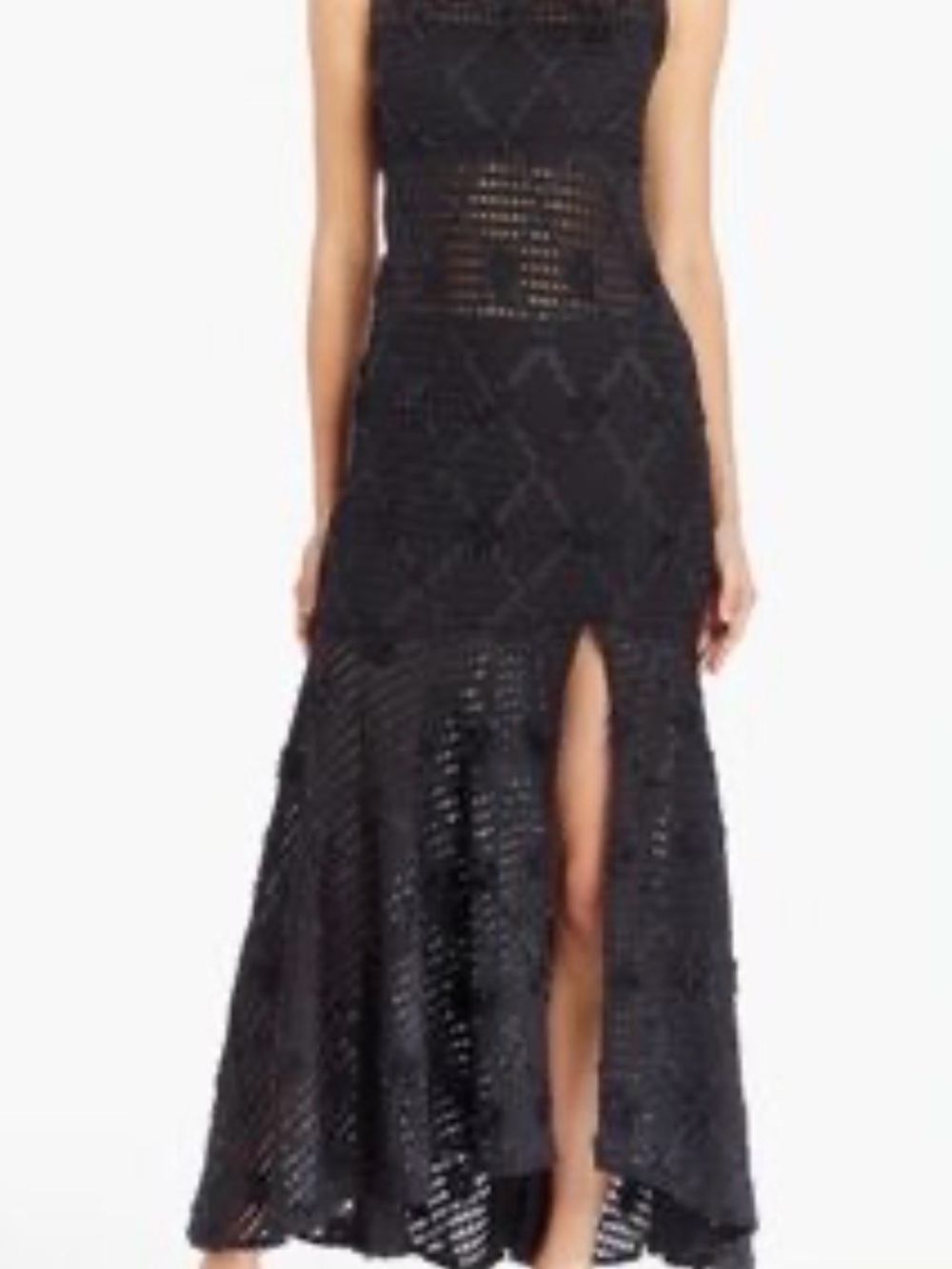 Amanda Uprichard Black Crochet High-Low Maxi Dress with Front Slit